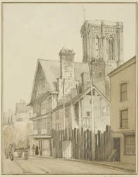 Temple Street, przedstawiająca wieżę kościoła Temple (akwarela na papierze)