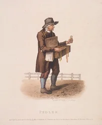 Pedlar z pudełkiem z towarami zawieszonym na szyi, 1820