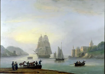 Bryg wpływający do portu w Dartmouth, z promem na pierwszym planie, 1828