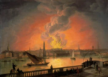 „Płonący teatr Drury Lane z Westminster Bridge”, ok. 1809 r.