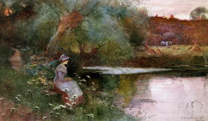 W Hampton Lucy, Warwickshire. Młoda dziewczyna siedząca nad jeziorem na wsi. Obraz autorstwa Thomasa Mackaya (1851-1920) Kolekcja prywatna