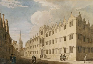 Oriel College w Oksfordzie z kościołem św. Marii w oddali,