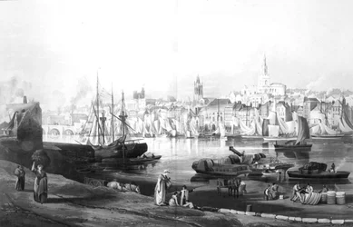 Widok na port i miasto Newcastle upon Tyne, z alei linowej, Gateshead, grawerowane przez Roberta Havella, 1819 (grafika)