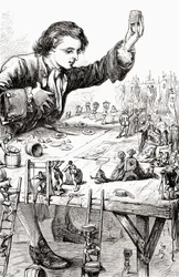 Jego Cesarska Mość życzył sobie, aby on sam i jego królewska małżonka mieli szczęście zjeść ze mną obiad, ilustracja z "Podróży Guliwera", opublikowana ok. 1875 r.