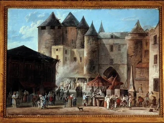 Place du Grand Chatelet na scenie paryskiej ulicy w czasie Rewolucji Francuskiej. Obraz Thomasa Naudeta (1778-1810)