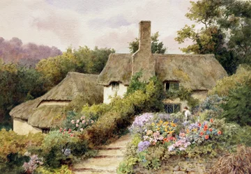 Domek w Selworthy, Somerset, Anglia. Kobieta w ogrodzie angielskiego wiejskiego domu. Obraz autorstwa Thomasa Nicholsona Tyndale