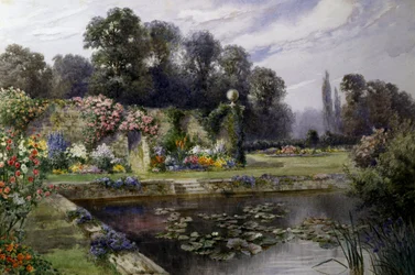 Staw z liliami. Nanuphary w stawie w dużym ogrodzie. Obraz autorstwa T. Noelsmitha (1840-1900) Kolekcja prywatna