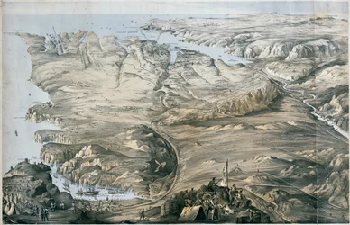 Panoramiczny widok okopów armii sprzymierzonych Anglii i Francji przed Sewastopolu (litografia, przyciemniana)