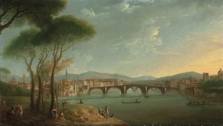 Widok na Arno we Florencji z Ogrodów Cascine, z postaciami łowiącymi ryby i spoczywającymi na skałach na pierwszym planie, Ponte alla Carità i Ponte Vecchio za nimi