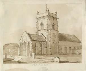 Stafford - Kościół św. Czada: rysunek piórem i sepia, 1837