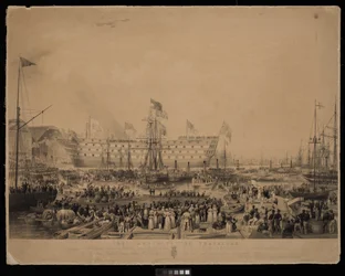 Wodowanie okrętu Trafalgar, w obecności Jej Najłaskawszej Wysokości Królowej Wiktorii i Jego Królewskiej Wysokości Księcia Alberta, w H.M. Dock Yard, Woolwich...