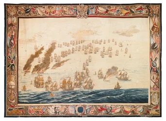 Historyczny gobelin przedstawiający bitwę pod Solebay, Mortlake, projekty przypisywane Williamowi van de Velde, ok. 1688