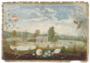 Szklarnia w Woodside House, Old Windsor, w kartuszu ozdobionym kwiatami