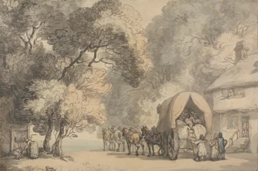 Wózek przewoźnika za karczmą, ok. 1785-90 (pióro i atrament oraz akwarela na papierze wykładanym)