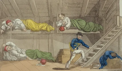 Scena na kanale z Wielkiego Mistrza czy Przygody Qui Hi? w hindostanie. A Hudibras Poem in Eight Cantos by Quiz, William Combe (1741-1823), opublikowany przez Thomasa Tegga, Londyn, 1815 (aqua