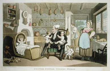 Doktor Syntax została pielęgniarką, z „Wycieczki doktora Syntax w poszukiwaniu malowniczych” Williama Combe, opublikowanej w 1812 r. (akwatinta)