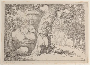 Skrzypek, Żeglarz, Dwie kobiety i świnia przy domku, 1816., 1816.