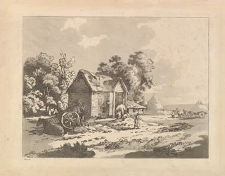 Krajobraz z postaciami przechowującymi siano w stodole, wóz i koń leżący po lewej stronie, 1783-84.