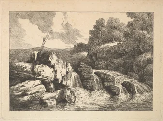 Krajobraz z dwoma rybakami wspinającymi się po skałach obok wodospadu, 1784-88.