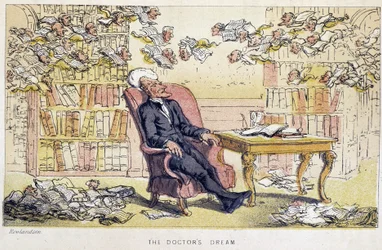Le rêve du docteur - w „Trzech wycieczkach doktora Syntax: w poszukiwaniu malowniczej pociechy i żony”” Williama Combe, il. Rowlandson