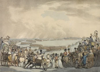 Light Horse Volunteers of London and Westminster, dowodzony przez pułkownika Herriesa, zrecenzowany przez Jego Wysokość na Wimbledon Common, 5 lipca 1798 (kolorowa akwatinta)