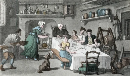 Pierwsza wizyta pana Burchella, ilustracja z „Wikariusza Wakefielda” Olivera Goldsmitha, wyd. Ackermann, 1817 (akwatinta ręcznie kolorowana)