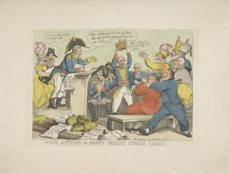 Napoleon sprzedaje skradzione towary, 1813 Aukcja pozorna lub Boney sprzedająca skradzione towary (tytuł na przedmiocie)