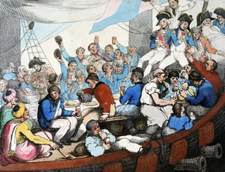 Wojny napoleońskie, kampania egipska (wyprawa) (1798-1801): Admirał Horatio Nelson (1758-1805) świętuje ze swoimi żołnierzami chwalebne zwycięstwo w bitwie nad Nilem (bitwa pod Abukirem) (sierpień 1798), na pokładzie swojej łodzi