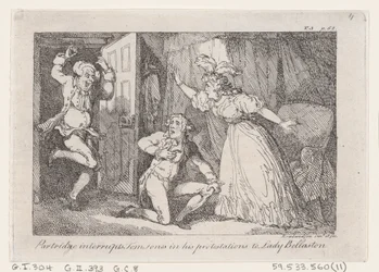 Partridge przerywa Tomowi Jonesowi w jego protestach przeciwko Lady Bellaston, z Historii ..., 1792.