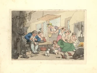 Regency szewc naprawia buty w zatłoczonym pokoju.