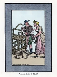 Roaming i retamer klienta pokazujący dno puli. Uderza młotkiem w metalowy garnek na przenośnej ławce. Drzeworyt, oparty na obrazie Thomasa Rowlandsona (1756-1827), opublikowany w The Cris of London: z sześciorgiem uroczych dzieci i prawie 40 i
