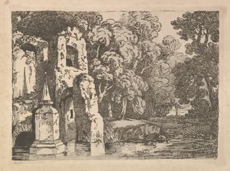 Ruiny obok sadzawki w zalesionym krajobrazie, 1783-84.