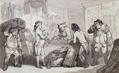 Biuro rezerwacji autokarów: Thomas Rowlandson i Henry Wigstead rezerwują swój przejazd,
