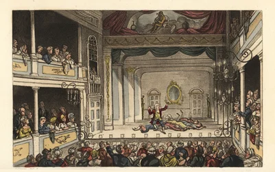 Teatr: Turyści oglądający przedstawienie w teatrze Scarborough. Ręcznie barwiony miedzioryt autorstwa Thomasa Rowlandsona według szkicu J. Greena z Poetical Sketches of Scarborough, Ackermann, Londyn