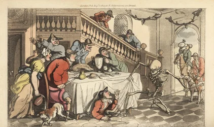 Szkielet Śmierci przychodzi po Łowcy, który chowa się pod stołem po polowaniu na lisa. Ręcznie kolorowany miedzioryt narysowany i grawerowany przez Thomasa Rowlandsona z The English Dance of Death, Ackermann, Londyn
