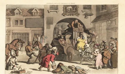 Szkielet Śmierci pomaga dużej matronie wejść na fatalny Ostatni Etap. Ręcznie kolorowany miedzioryt narysowany i grawerowany przez Thomasa Rowlandsona z The English Dance of Death, Ackermann, Londyn