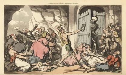 Szkielet Śmierci wychyla się zza drzwi śmierci, aby zobaczyć tłum otyłych, kulawych, kalekich, starych i obłąkanych ludzi czekających na wyzwolenie z męki życia. Ręcznie kolorowany miedzioryt rysowany i grawerowany przez Thomasa Rowlandsona z The English D