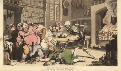 Szkielet Śmierci dźga grubego kucharza na śmierć szpikulcem z pieczonym kurczakiem. Ręcznie kolorowany miedzioryt narysowany i grawerowany przez Thomasa Rowlandsona z The English Dance of Death, Ackermann, Londyn