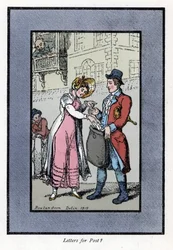 Kobieta płacąca i wkładająca list do torby niesionej przez pracownika brytyjskiej poczty królewskiej. Drzeworyt, oparty na obrazie Thomasa Rowlandsona (1756-1827), opublikowany w The Cris of London: z sześciorgiem uroczych dzieci i prawie 40 ilustracjami, 