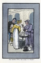 Kobieta sprzedająca dzbanki, czajniki i miski ma róg ulicy. Elegancka młoda kobieta patrzy na towary. Drzeworyt, oparty na obrazie Thomasa Rowlandsona (1756-1827), opublikowany w The Cris of London: z sześciorgiem uroczych dzieci i prawie 40 ilustratorami