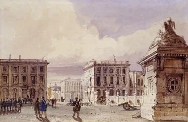 Hotel de Bellevue i Cafe d"Amitie widziane z parku, Bruksela, 1830 r.