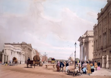 Hyde Park Corner, patrząc w dół Piccadilly, z „Londynu, który jest rysowany z natury” 1842