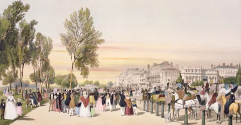 Hyde Park, niedaleko Grosvenor Gate, z „London As It Is”, grawerowany i pub. przez artystę, 1842