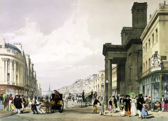 Ulica Regent patrząca w stronę Kwadrantu z Kaplicą Hanowerską na pierwszym planie i promenadą dla kupujących, 1842