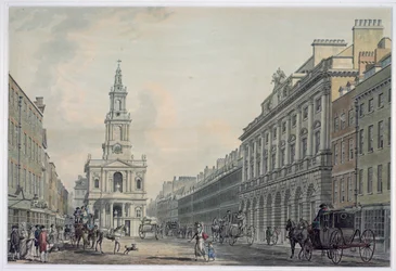 Strand z Somerset House i St. Mary le Strand, 1781 (akwatinta)