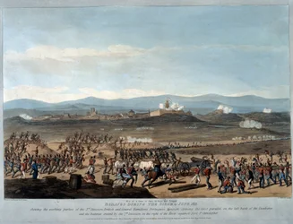 Badajoz Podczas oblężenia w czerwcu 1811, płyta 4 z „Seria poglądów na główne wydarzenia kampanii w Hiszpanii i Portugalii”, rytowana przez Charlesa Turnera, opublikowana w 1812 (akwatinta)