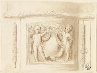 Podstawa Pilastra z Reliefem, z 2 Putti, Tarcza
