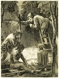 Robinson Crusoe i Piętaszek robiący namiot, by złożyć w nim ojca Piętaszka i Hiszpana? z książki Daniela Defoe "Życie i dziwne, zaskakujące przygody Robinsona Crusoe, czyli Yorka, marynarza".