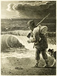 Robinson Crusoe odkrywa odcisk ludzkiej stopy? z książki Daniela Defoe "Życie i dziwne, zaskakujące przygody Robinsona Crusoe, czyli Yorka, marynarza".