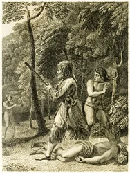 Robinson Crusoe po raz pierwszy widzi i ratuje swojego człowieka Piętaszka? z książki Daniela Defoe "Życie i dziwne, zaskakujące przygody Robinsona Crusoe, czyli Yorka, marynarza".